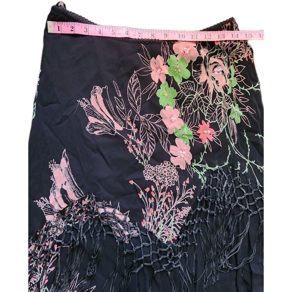 Vtg Starina Piano Fringe Beaded Floral A Line Midi Skirt Sz XL Fairy Whimsical - Picture 8 of 9